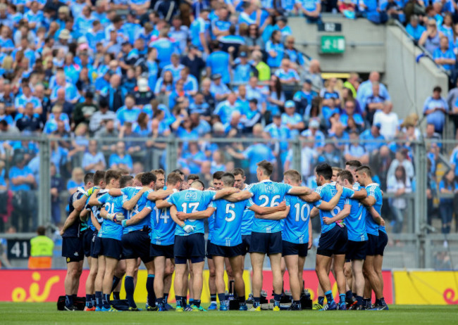 The Dublin team huddle ahead of the game