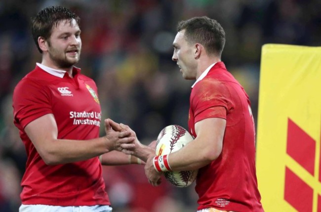 George North celebrates scoring their second try with Iain Henderson