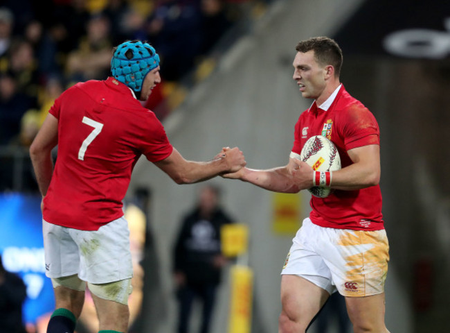 George North celebrates scoring their second try with Justin Tipuric