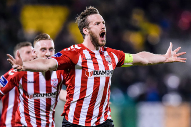 Ryan McBride celebrates scoring a a goal