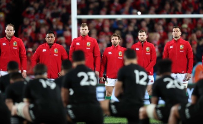 British and Irish Lions during the Haka  Alun Wyn Jones Mako Vunipola and George Kruis Leigh Halfpenny Elliot Daly and Sam Warburton