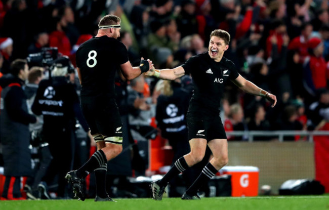 Kieran Read celebrates with Beauden Barrett after Rieko Ioane scored their third try