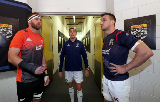 Kieran Read with Sam Warburton and Jerome Garces at the coin toss