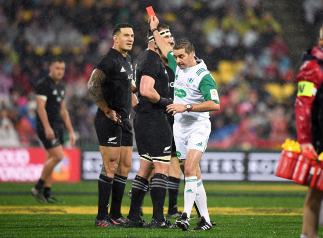 Sonny Bill Williams is shown a red card by Jerome Garces