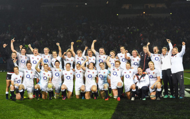 The England team celebrate winning