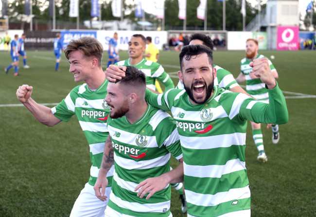 Ronan Finn, Brandon Miele and David Webster celebrate Gary Shaw scoring their first goal