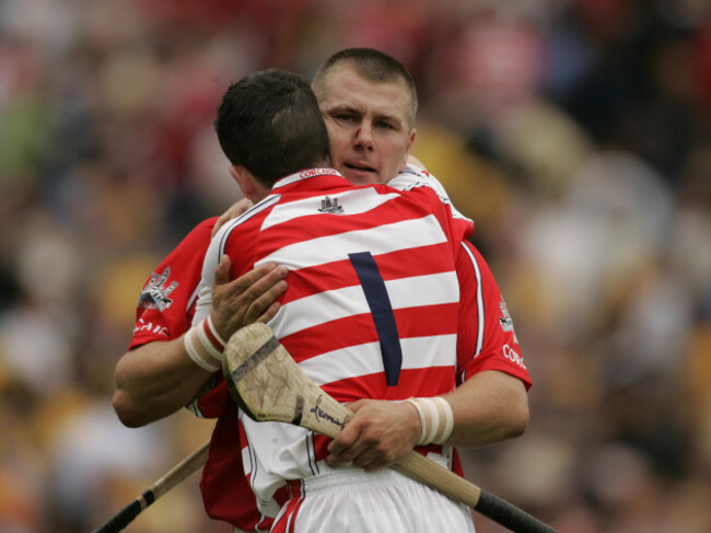 Donal Og Cusack celebrates with team mate Diarmuid O'Sullivan
