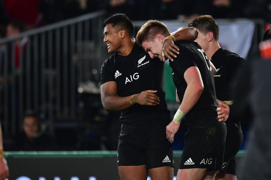 Jordie Barrett celebrates scoring their second try with Julian Savea