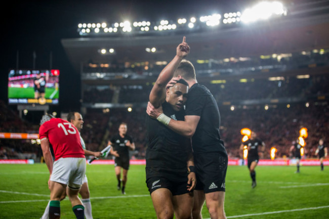 Ngani Laumape celebrates scoring their first try with Jordie Barrett