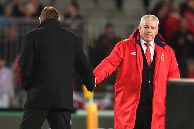 Steve Hansen shakes hands with Warren Gatland before the game