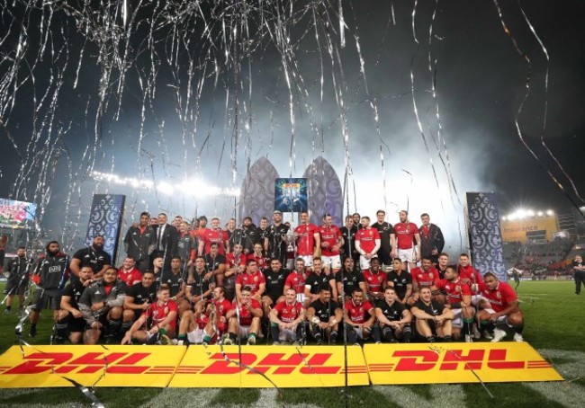 The two teams with the DHL NZ cup after the game