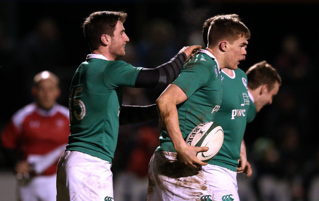 Billy Dardis celebrates with Garry Ringrose after he scored a try