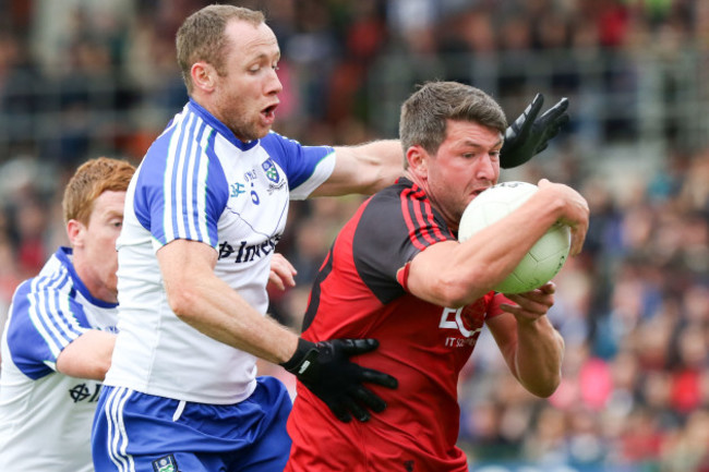 Down's Kevin McKernan and Vinny Corey of Monaghan