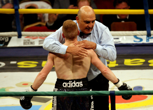 Willie Casey with Referee Stanley Christodoulou after he stoped the fight