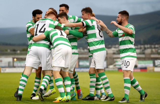 Graham Burke celebrates scoring with his teammates