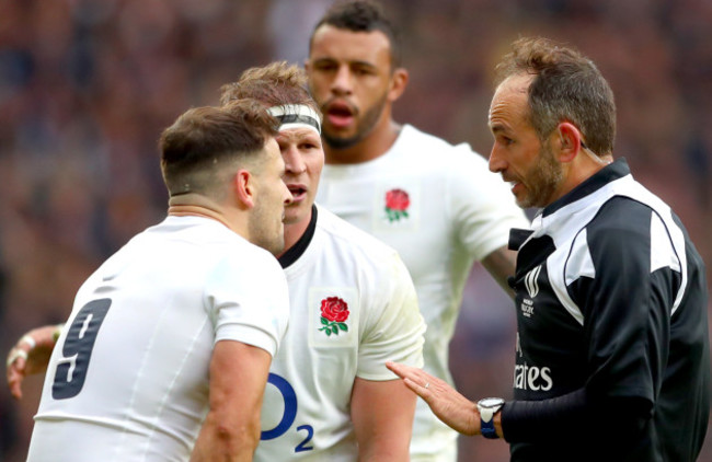 Romain Poite speaks to Dylan Hartley and Danny Care