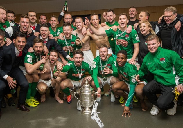 Cork celebrate winning The Irish Daily Mail FAI Cup in the dressing rooms