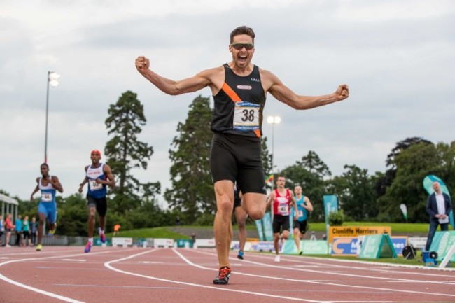 Brian Gregan celebrates winning the Men's 400m in a new personal best time