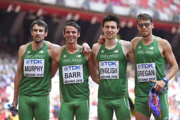 Brian Murphy, Thomas Barr, Mark English and Brian Gregan celebrate setting a new Irish national record