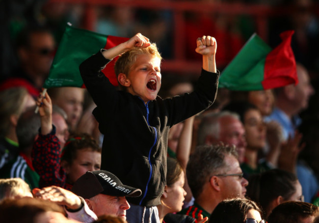 A young Mayo supporter celebrates a score