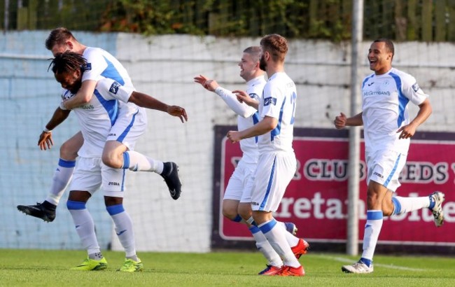 Eddie Dsane celebrates scoring a goal with teammates 7/7/2017