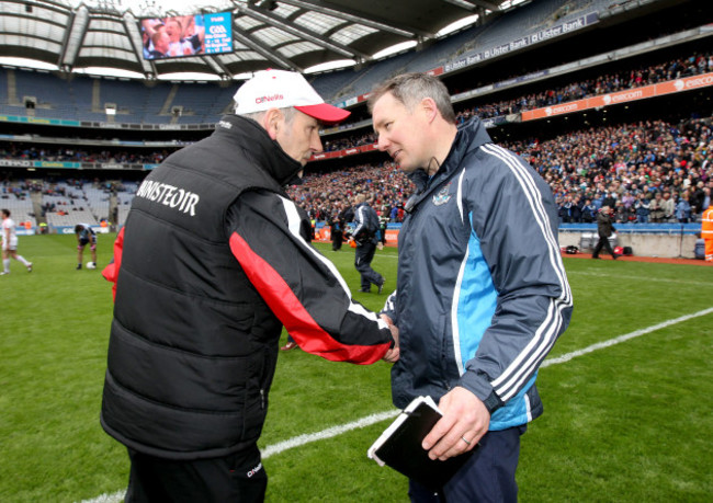 Jim Gavin and Mickey Harte shake hands after the game