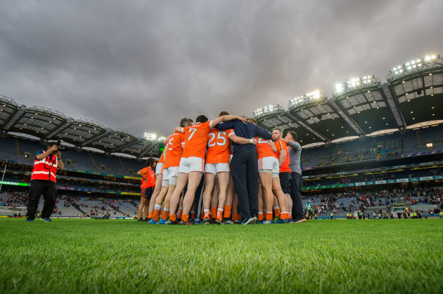 Armagh pictured in a huddle after the game