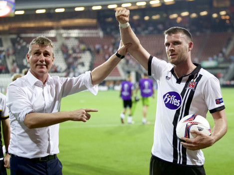 Ciaran Kilduff celebrates scoring the equaliser with after the game with Stephen Kenny
