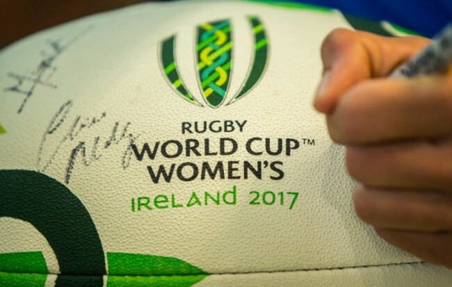 A general view of a Women's Rugby World Cup ball being signed