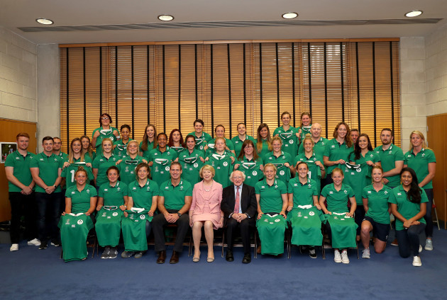 President of Ireland Michael D. Higgins and his wife Sabina with the Ireland women's squad and management after the jersey presentation