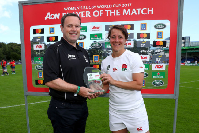 Katy Mclean is presented player of the match by Rory Maloney from AON