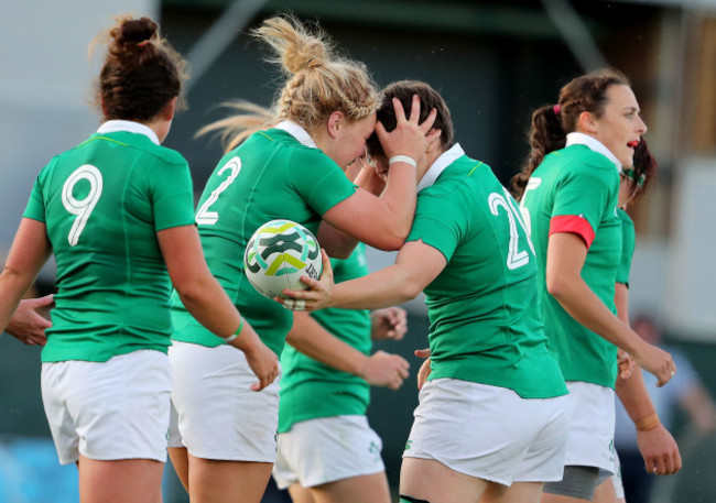 Ciara Griffin celebrates scoring their second try of the game with Cliodhna Moloney