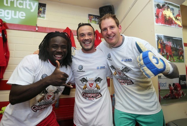 Pascal Millien, Raffaele Cretaro and Gary Rogers celebrate after the game