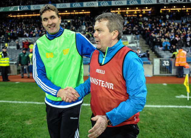 Maurice Fitzgerald and Tom Connolly shake hands after the game