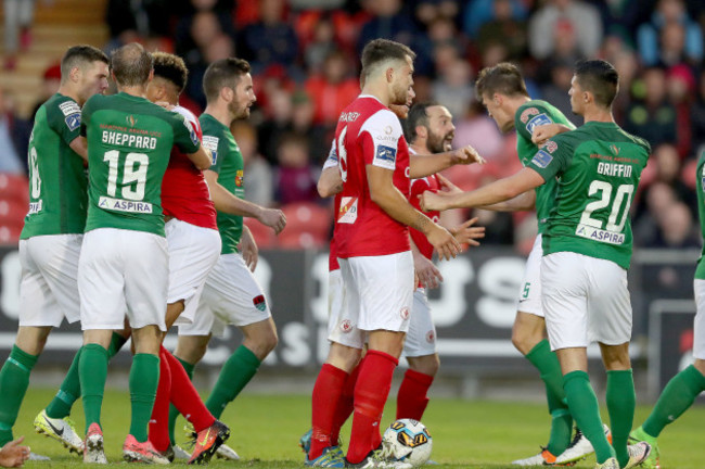 Cork and Sligo Rovers players after a foul on Greg Bolger