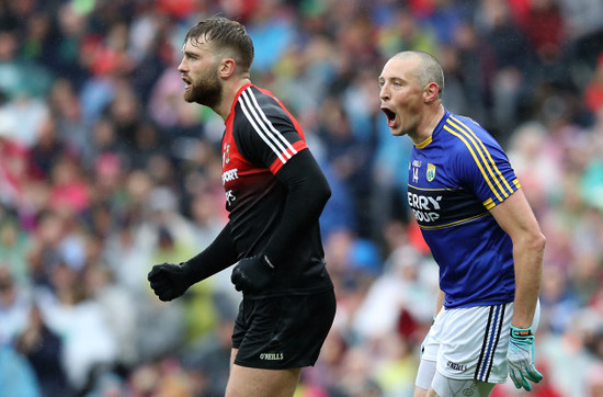 Kieran Donaghy celebrates his side's goal beside Aidan O'Shea