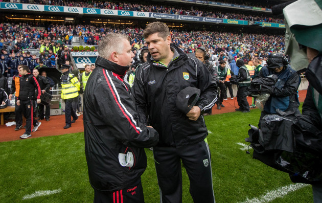 Eamonn Fitzmaurice and Stephen Rochford shake hands after the game
