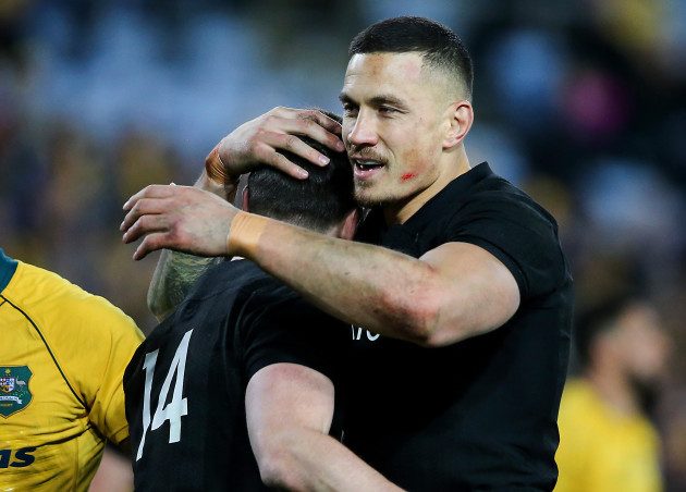 Ben Smith celebrates his try with Sonny Bill Williams