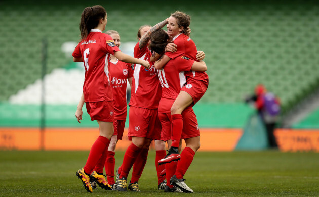 Leanne Kiernan celebrates scoring with her teammates