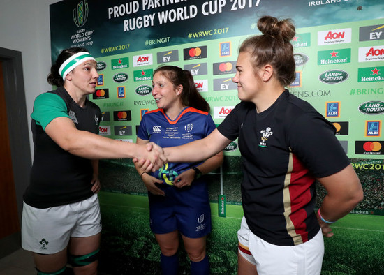 Paula Fitzpatrick, Claire Hodnett and Carys Phillips during the coin toss