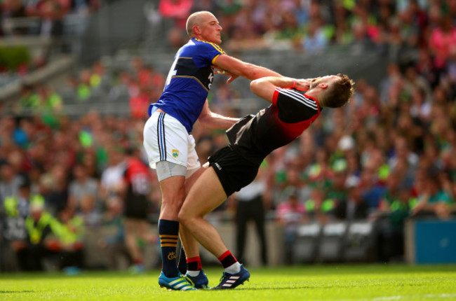 Kieran Donaghy clashes with Aidan O’Shea which resulted in a red card