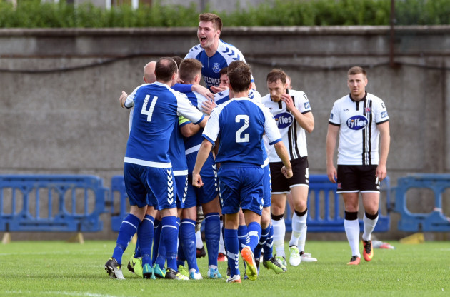 Crumlin players celebrate Jake Donnelly's goal