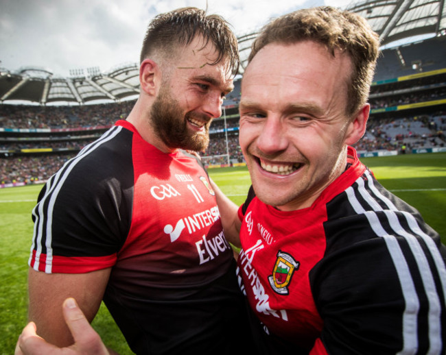 Aidan O’Shea and Andy Moran celebrate after the game