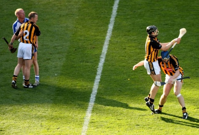 Jackie Tyrell celebrates at the final whistle with Brian Hogan