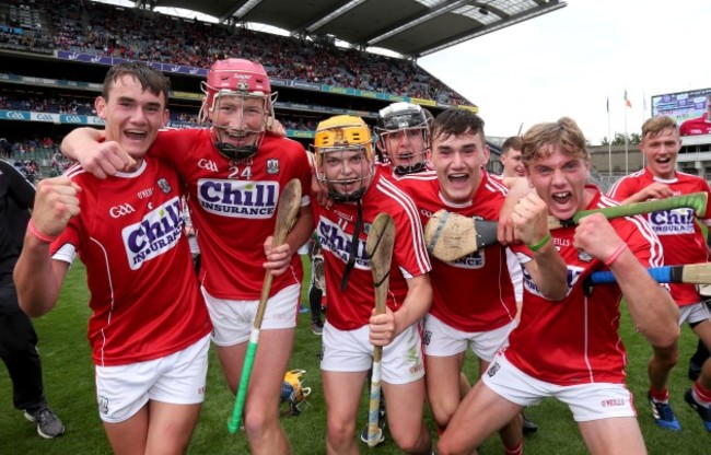 Cork players celebrate after the game