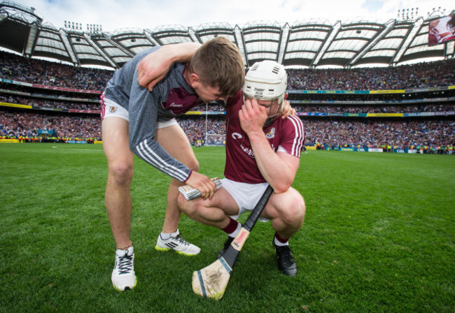 Joe Canning celebrates with his nephew Jack Canning who was part of the Galway Minor winning team