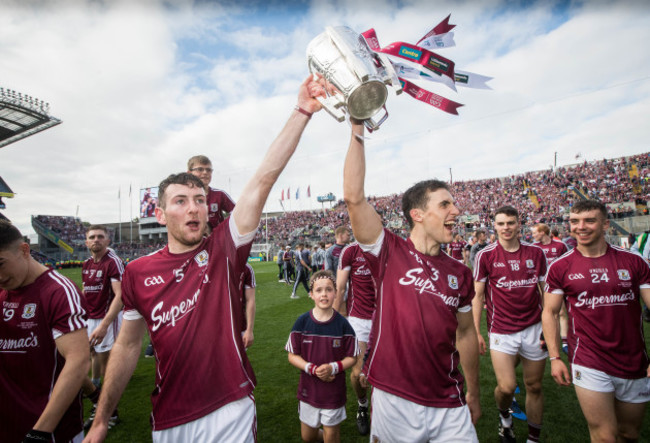 Padraic Mannion and Daithi Burke celebrate after the game