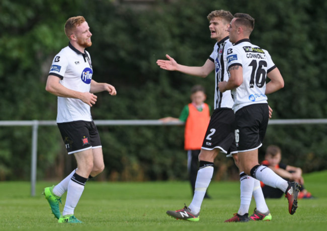 Sean Hoare celebrates his goal with teammates