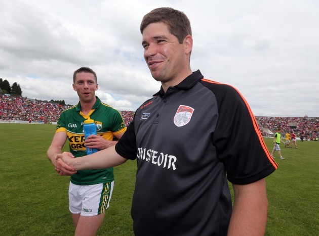 Eamonn Fitzmaurice and Marc O'Se after the final whistle