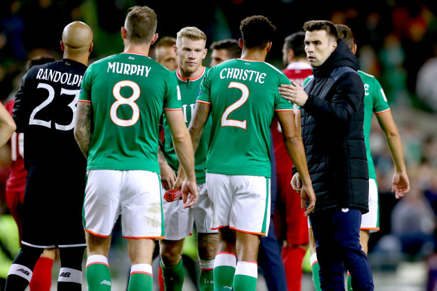 Seamus Coleman with his team after the game